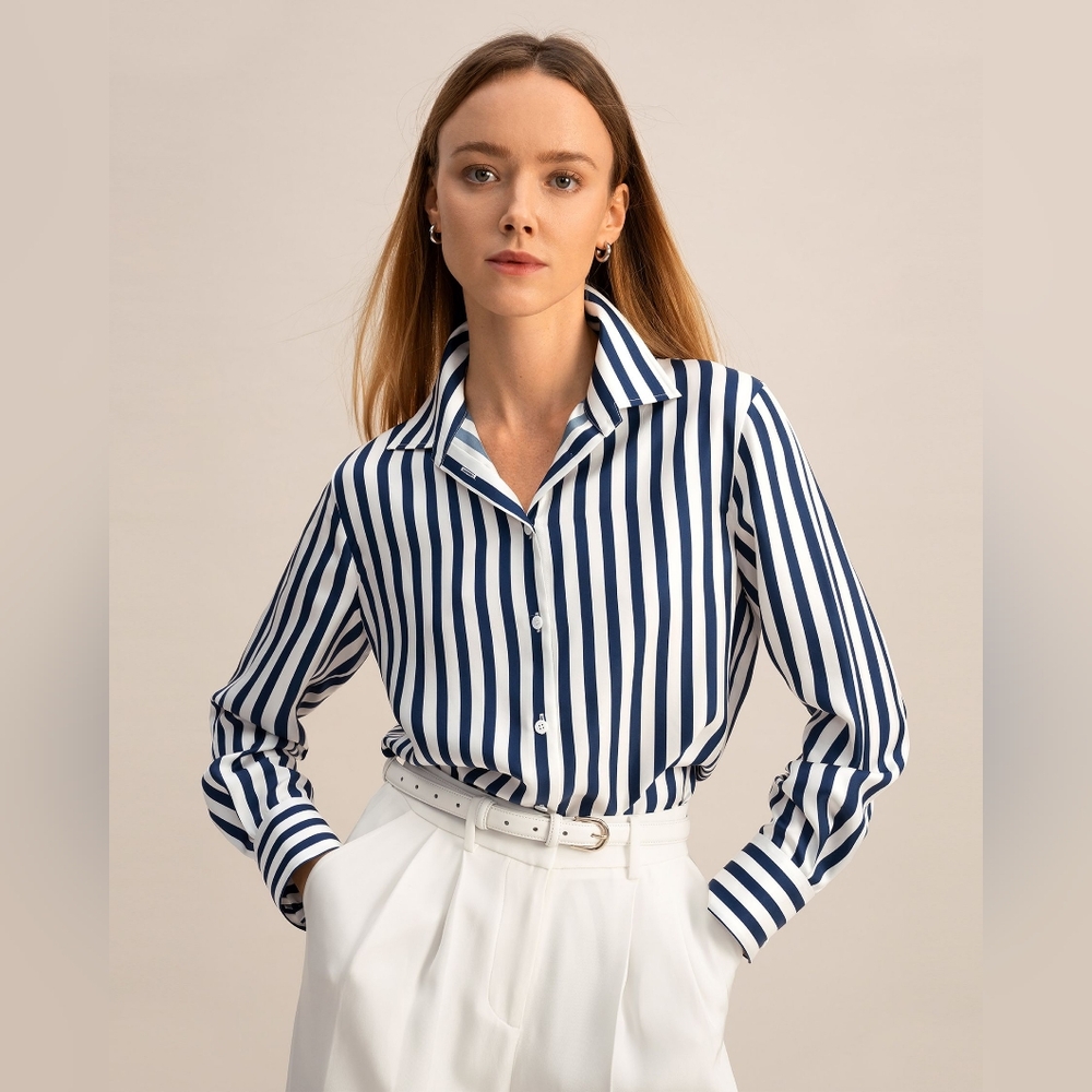 LILYSILK Striped Blue and White Blouse